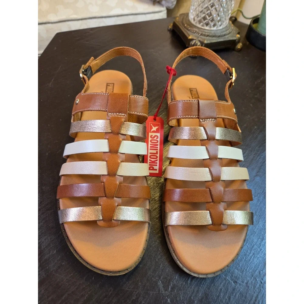 Pikolinos Formentera Leather Strappy Flat Sandals Brandy Size 40/9-9.5 NEW! $160